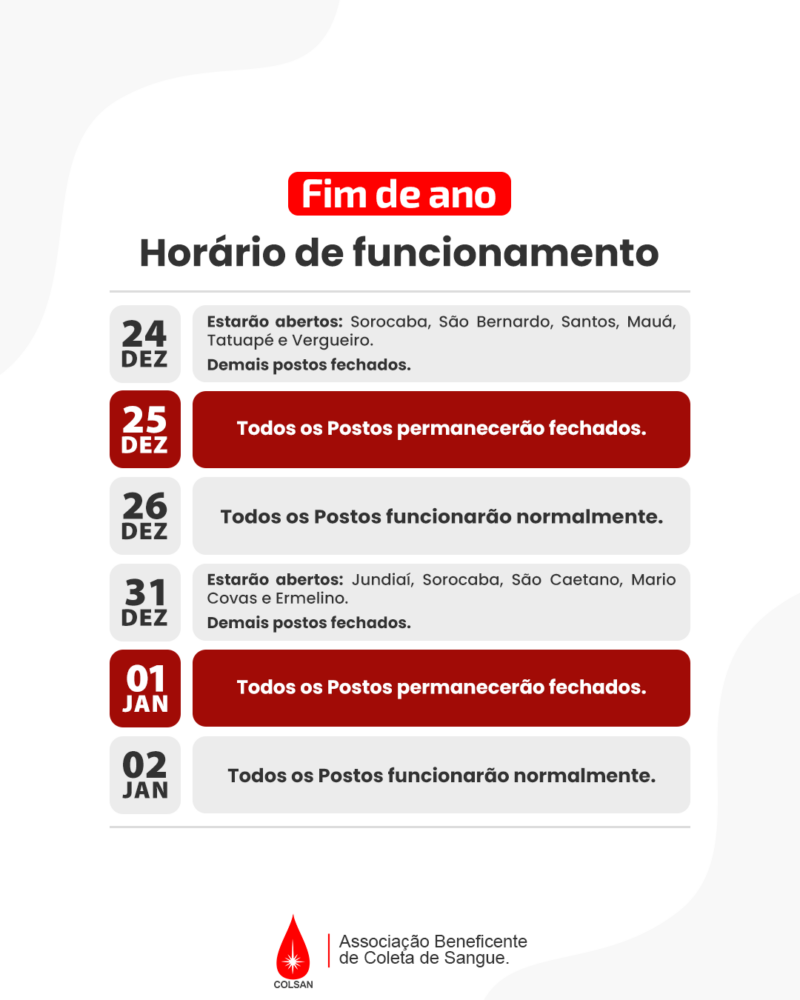 FIM DE ANO – Horário de funcionamento – POSTOS DE COLETA