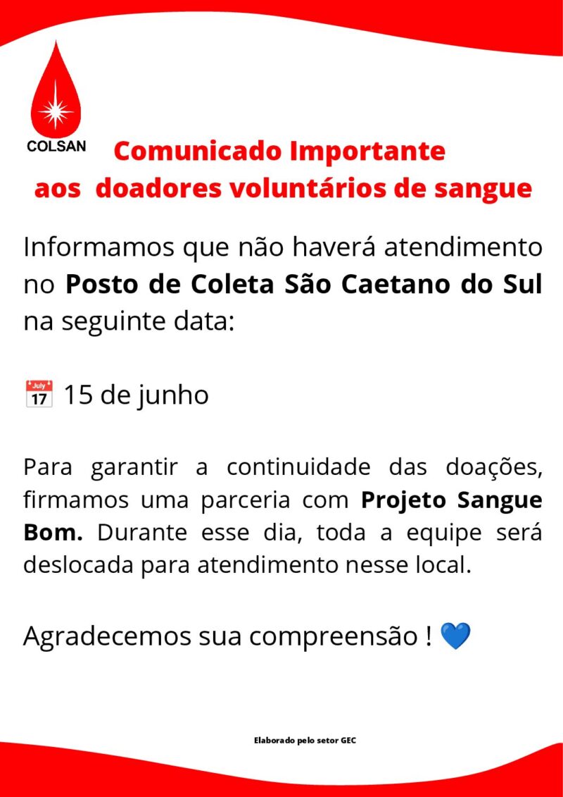 Fechamento no dia 15 de junho do Posto de Coleta São Caetano do Sul