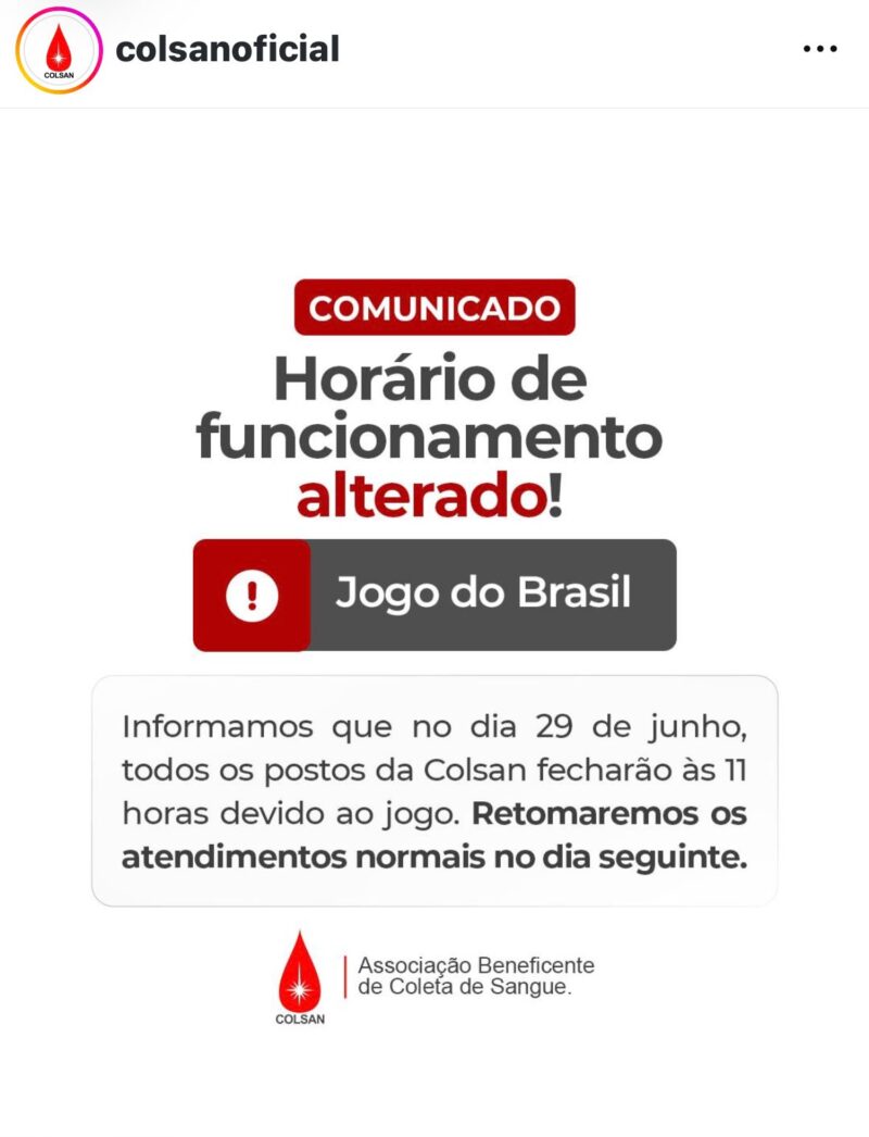 Horário alterado devido jogo da seleção do Brasil