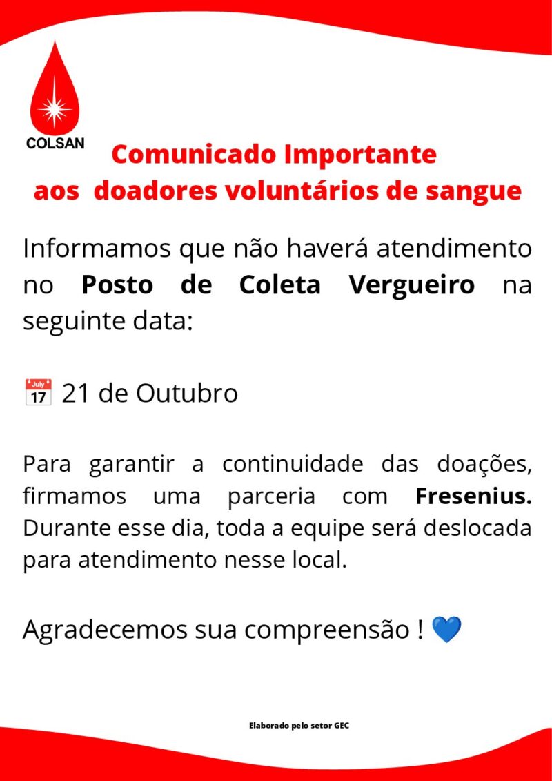 Fechamento do Posto Vergueiro no dia 21 de outubro